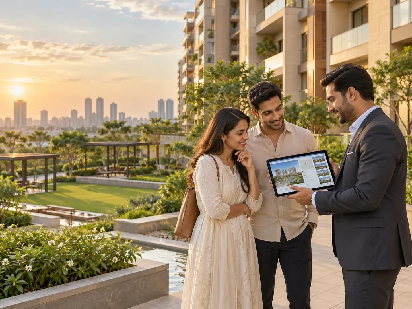 Property advisor discussing a residential development with prospective buyers
