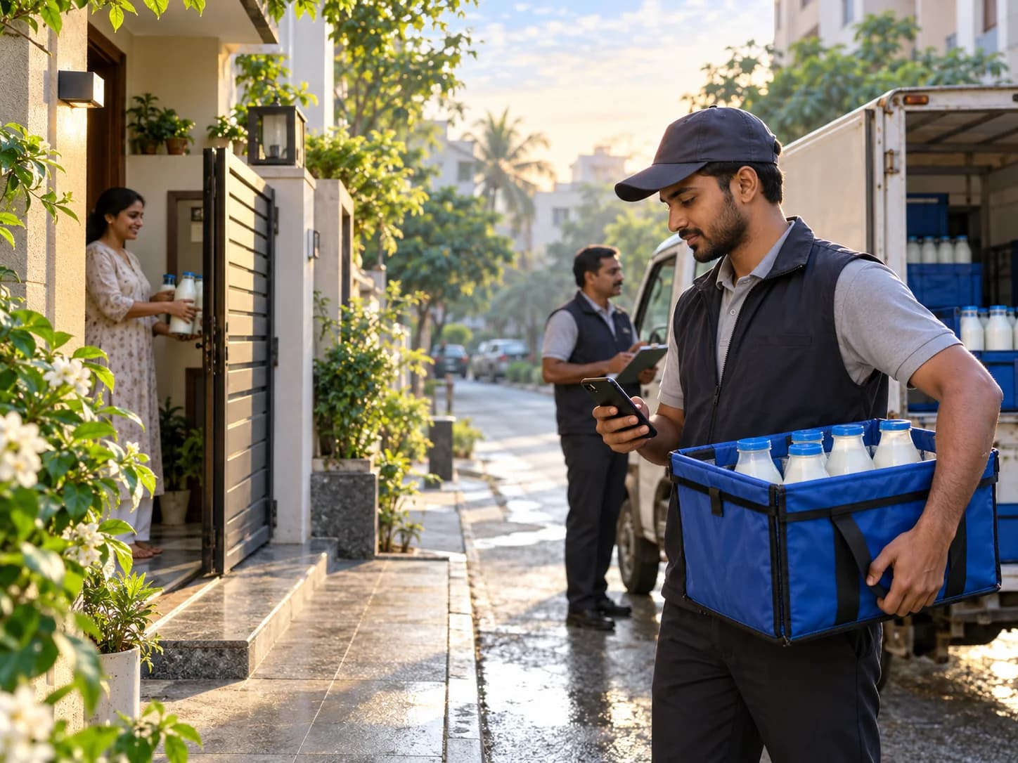 Dairy subscription delivery concept showing milk products and daily route operations