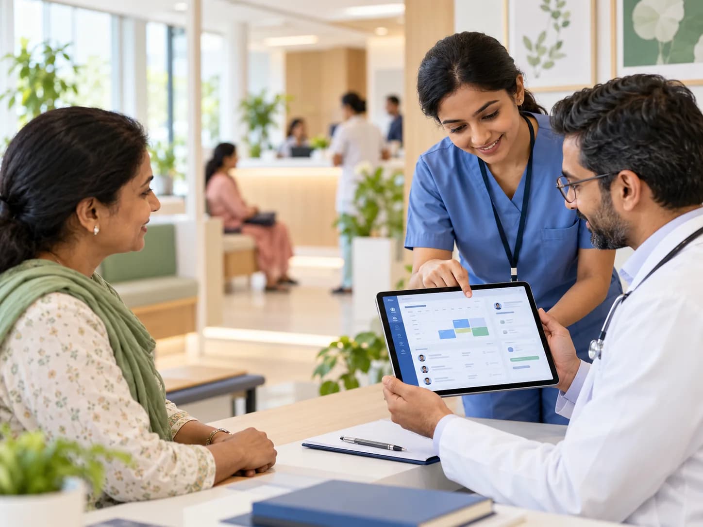 Clinicians coordinating appointments and patient care in a clinic
