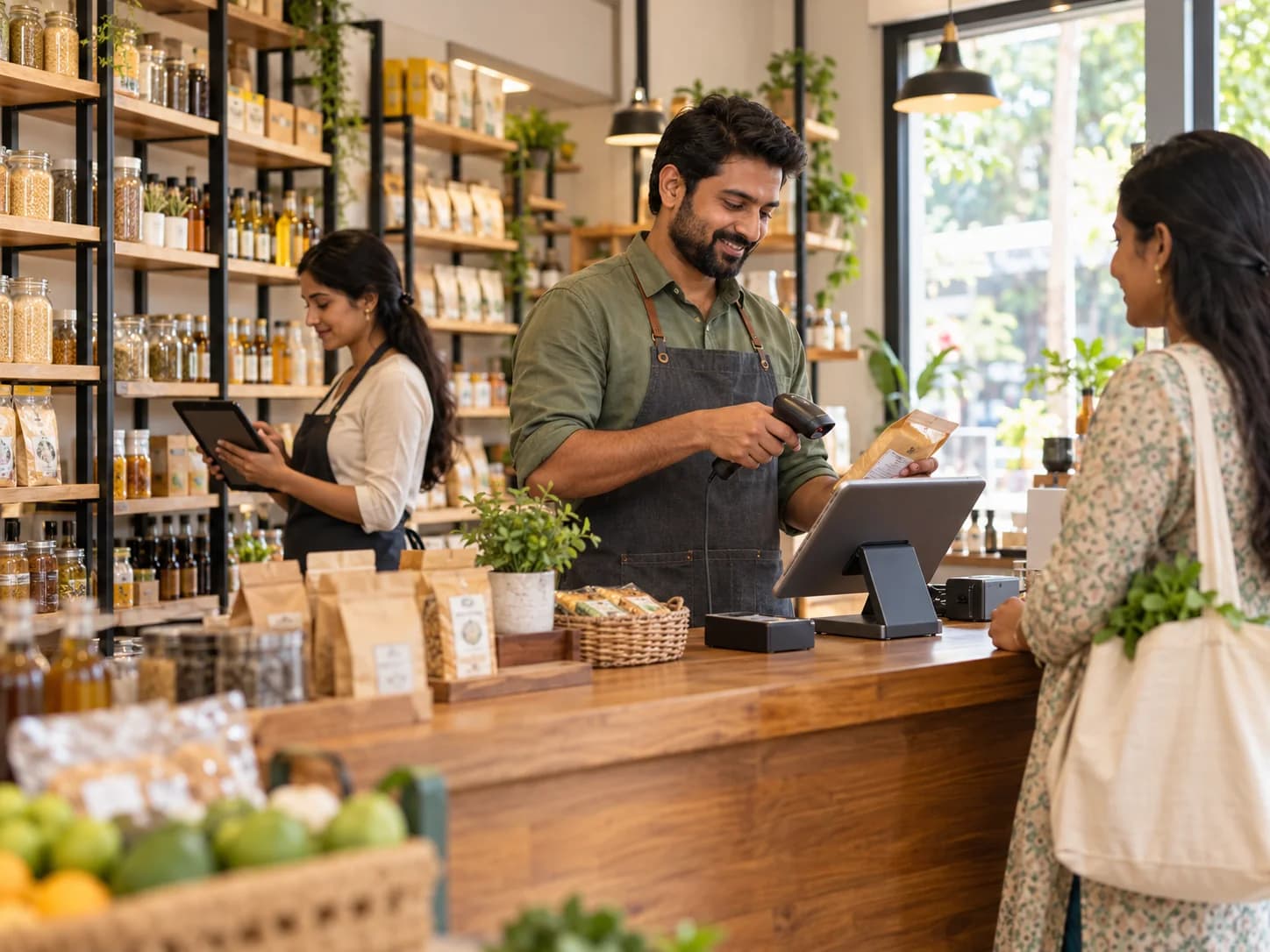 Cloud retail POS concept with barcode checkout, inventory and store analytics