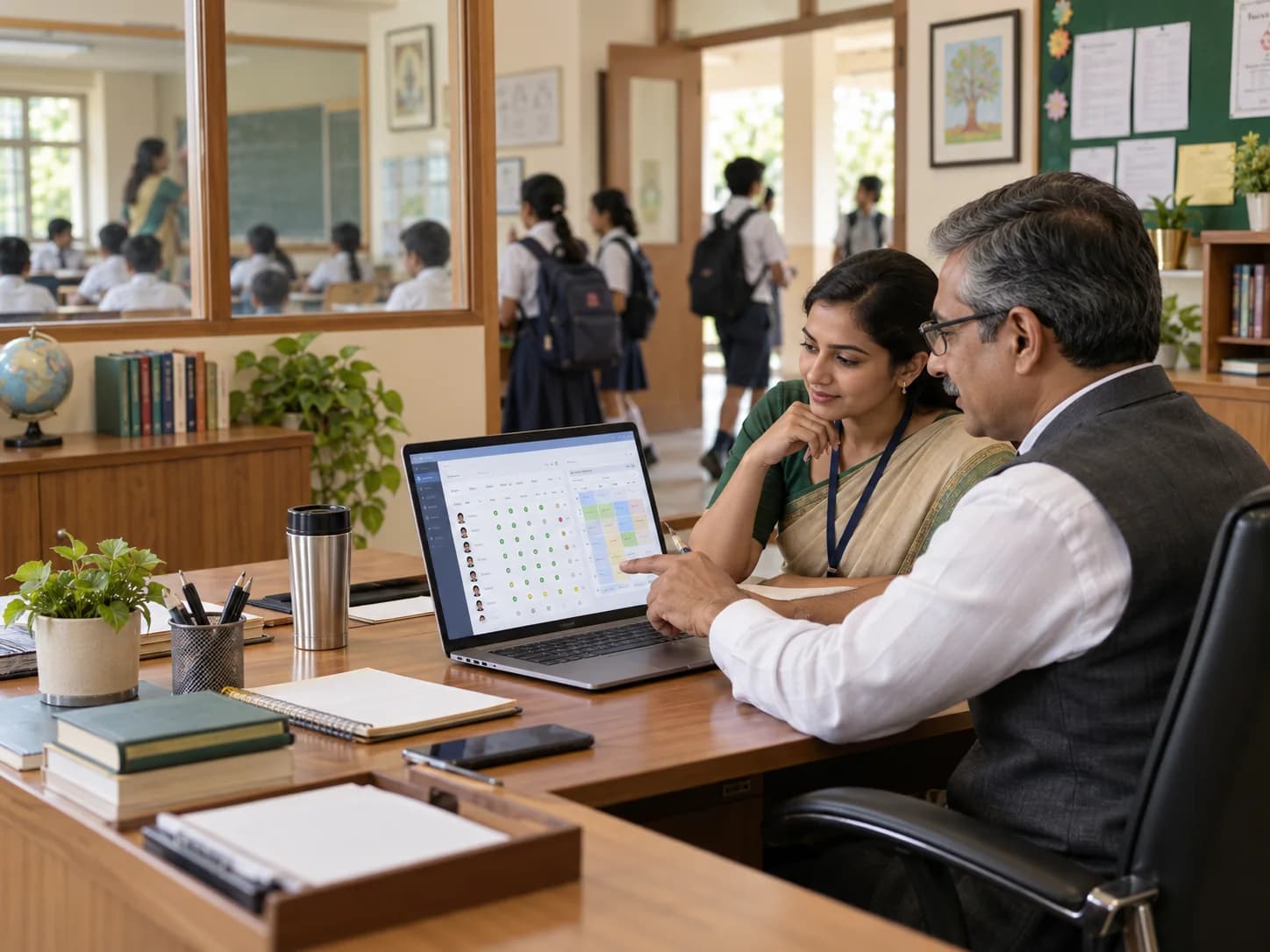 School administrator and teacher reviewing attendance and timetables